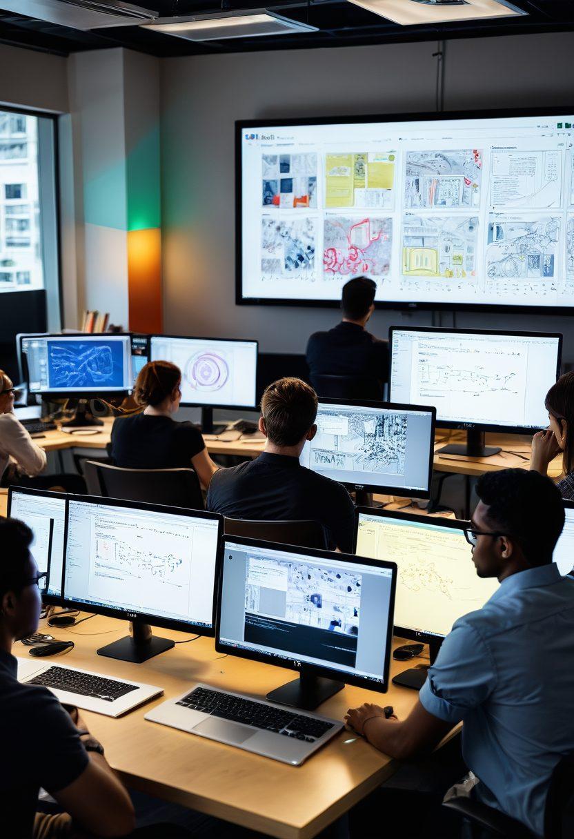 A dynamic workspace with a diverse team of designers and developers collaborating; large monitors displaying wireframes, code, and stunning website designs, with a whiteboard full of colorful notes and sketches in the background. A laptop with a 'launch' button about to be pressed. Super-realistic, vibrant colors, modern office environment.