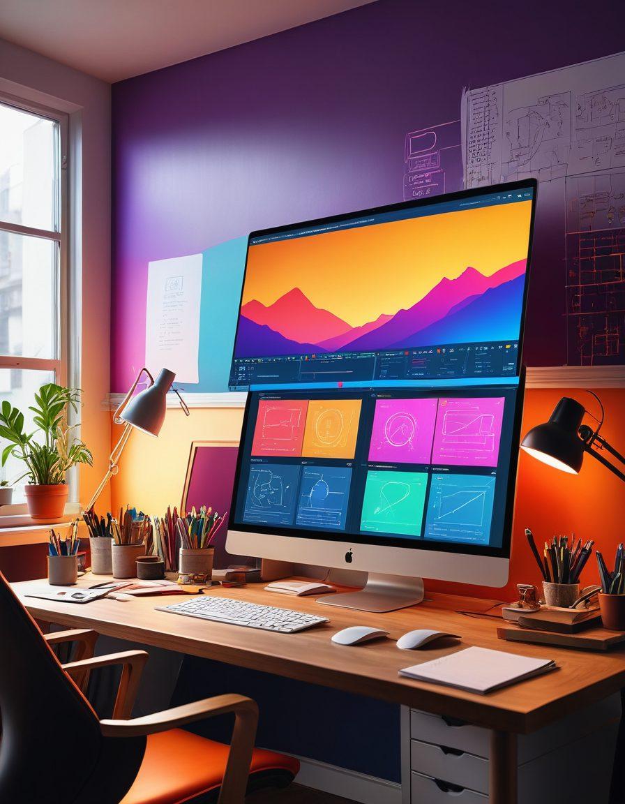 A dynamic scene of a web designer's workspace showcasing sketches, color swatches, a glowing computer screen displaying a stunning website blueprint, and enthusiastic team members collaborating. Vibrant colors and modern minimalistic style. super-realistic. vibrant colors. modern minimalistic style.