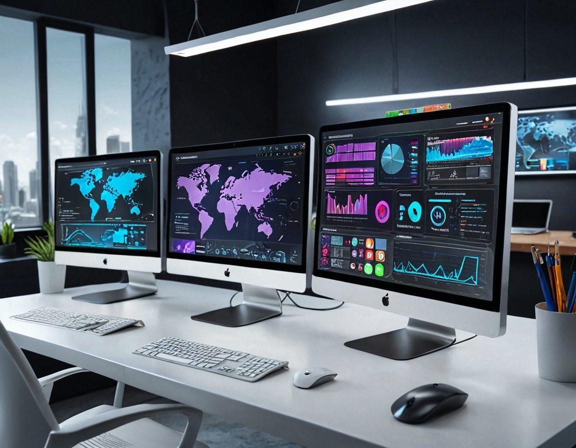A futuristic workspace with a large, sleek monitor displaying a beautifully designed multi-device mockup: websites adjusting to laptops, tablets, and smartphones. The background should feature floating icons representing SEO algorithms, coding elements, and digital marketing metrics subtly integrated into the design. super-realistic. vibrant colors. 3D.